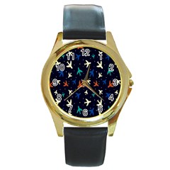 Blue Background Cute Airplanes Round Gold Metal Watch by ConteMonfrey