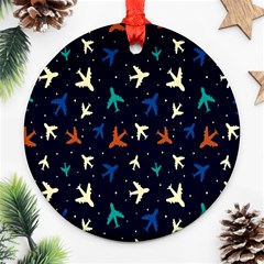 Blue Background Cute Airplanes Round Ornament (two Sides) by ConteMonfrey