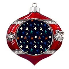 Blue Background Cute Airplanes Metal Snowflake And Bell Red Ornament by ConteMonfrey