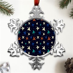 Blue Background Cute Airplanes Metal Small Snowflake Ornament by ConteMonfrey