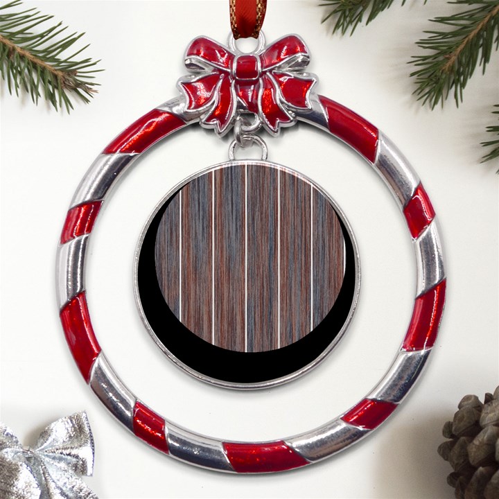 Dark digital Wood like Metal Red Ribbon Round Ornament