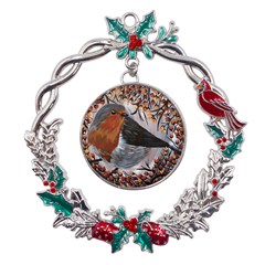 European Robin Metal X mas Wreath Holly Leaf Ornament