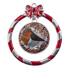 European Robin Metal Red Ribbon Round Ornament by EireneSan