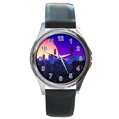 The Sun Night Music The City Background 80s, 80 s Synth Round Metal Watch by uniart180623