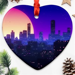 The Sun Night Music The City Background 80s, 80 s Synth Heart Ornament (two Sides) by uniart180623