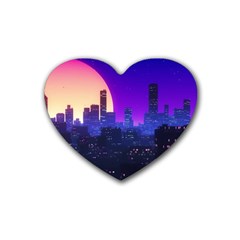 The Sun Night Music The City Background 80s, 80 s Synth Rubber Heart Coaster (4 Pack) by uniart180623