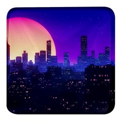 The Sun Night Music The City Background 80s, 80 s Synth Square Glass Fridge Magnet (4 Pack) by uniart180623