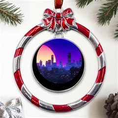 The Sun Night Music The City Background 80s, 80 s Synth Metal Red Ribbon Round Ornament by uniart180623