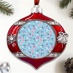 Pink And Blue Floral Wallpaper Metal Snowflake And Bell Red Ornament by uniart180623