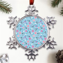 Pink And Blue Floral Wallpaper Metal Large Snowflake Ornament by uniart180623