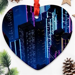 Night Music The City Neon Background Synth Retrowave Heart Ornament (two Sides) by uniart180623