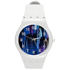 Night Music The City Neon Background Synth Retrowave Round Plastic Sport Watch (m) by uniart180623