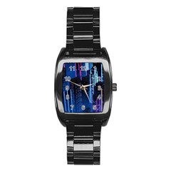 Night Music The City Neon Background Synth Retrowave Stainless Steel Barrel Watch by uniart180623