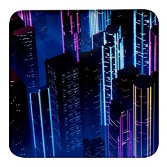 Night Music The City Neon Background Synth Retrowave Square Glass Fridge Magnet (4 Pack) by uniart180623