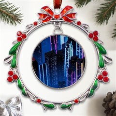 Night Music The City Neon Background Synth Retrowave Metal X mas Wreath Ribbon Ornament by uniart180623