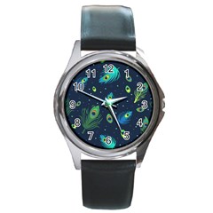 Blue Background Pattern Feather Peacock Round Metal Watch by uniart180623