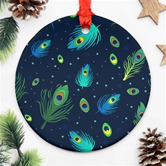 Blue Background Pattern Feather Peacock Ornament (round) by uniart180623