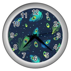 Blue Background Pattern Feather Peacock Wall Clock (silver) by uniart180623