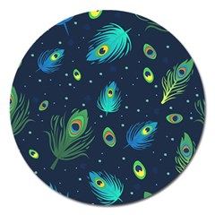 Blue Background Pattern Feather Peacock Magnet 5  (round) by uniart180623