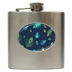 Blue Background Pattern Feather Peacock Hip Flask (6 Oz) by uniart180623