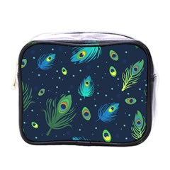 Blue Background Pattern Feather Peacock Mini Toiletries Bag (one Side) by uniart180623