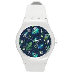 Blue Background Pattern Feather Peacock Round Plastic Sport Watch (m) by uniart180623