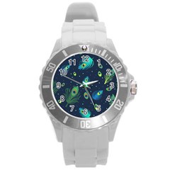 Blue Background Pattern Feather Peacock Round Plastic Sport Watch (l) by uniart180623