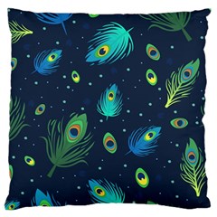 Blue Background Pattern Feather Peacock Large Premium Plush Fleece Cushion Case (one Side) by uniart180623