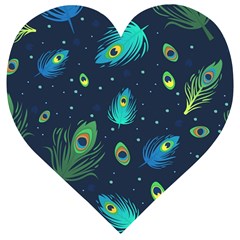 Blue Background Pattern Feather Peacock Wooden Puzzle Heart by uniart180623