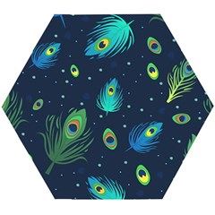 Blue Background Pattern Feather Peacock Wooden Puzzle Hexagon by uniart180623