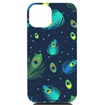 Blue Background Pattern Feather Peacock iPhone 14 Black UV Print Case Front