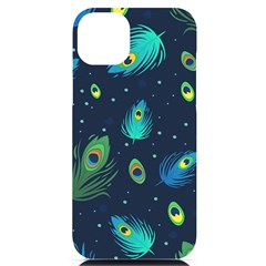 Blue Background Pattern Feather Peacock Iphone 14 Plus Black Uv Print Case by uniart180623