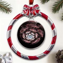 Flower Fractal Art Cool Petal Abstract Metal Red Ribbon Round Ornament