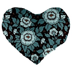 Vintage Floral Pattern Blue Damask Pattern Blue Vintage Large 19  Premium Flano Heart Shape Cushions by uniart180623