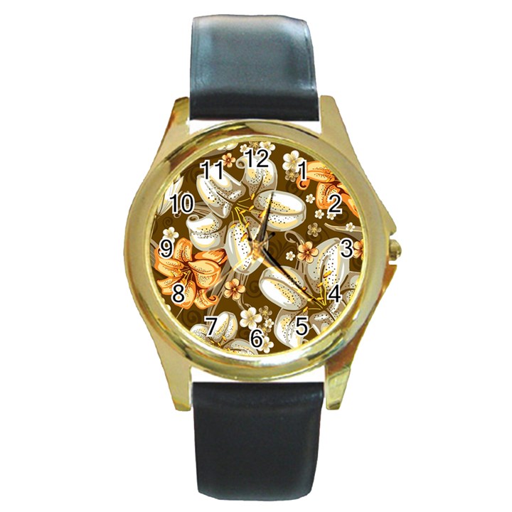 Flowers Pattern Floral Patterns Decorative Art Round Gold Metal Watch