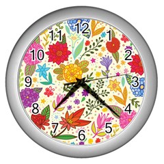 Colorful Flowers Pattern Abstract Patterns Floral Patterns Wall Clock (silver) by uniart180623