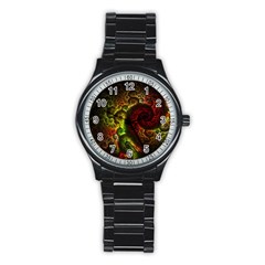 Green And Red Lights Wallpaper Fractal Digital Art Artwork Stainless Steel Round Watch by uniart180623