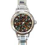 Cartoon Monster Pattern Abstract Background Round Italian Charm Watch Front