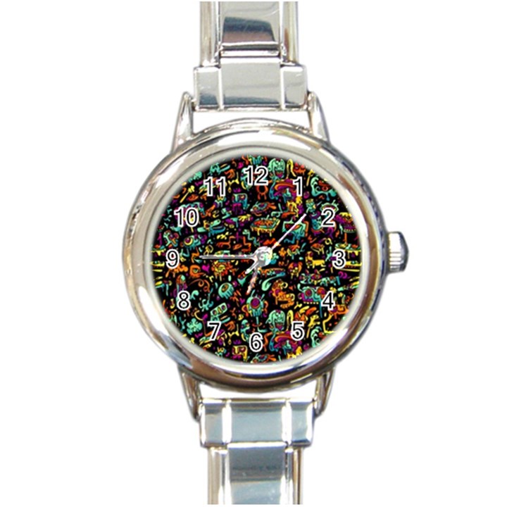 Cartoon Monster Pattern Abstract Background Round Italian Charm Watch