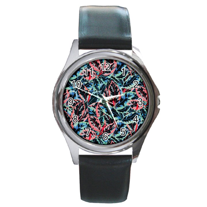 Leaves Leaf Pattern Patterns Colorfu Round Metal Watch