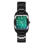 Green And Blue Peafowl Peacock Animal Color Brightly Colored Stainless Steel Barrel Watch Front