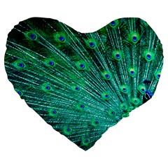 Green And Blue Peafowl Peacock Animal Color Brightly Colored Large 19  Premium Flano Heart Shape Cushions by uniart180623