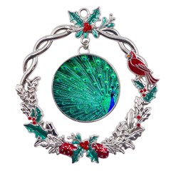 Green And Blue Peafowl Peacock Animal Color Brightly Colored Metal X mas Wreath Holly Leaf Ornament by uniart180623