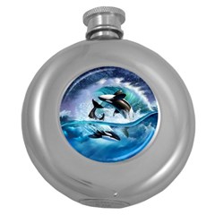 Orca Wave Water Underwater Sky Round Hip Flask (5 Oz) by uniart180623