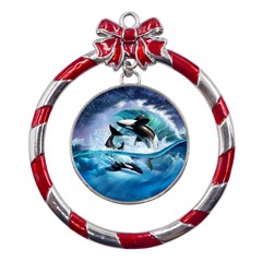 Orca Wave Water Underwater Sky Metal Red Ribbon Round Ornament by uniart180623