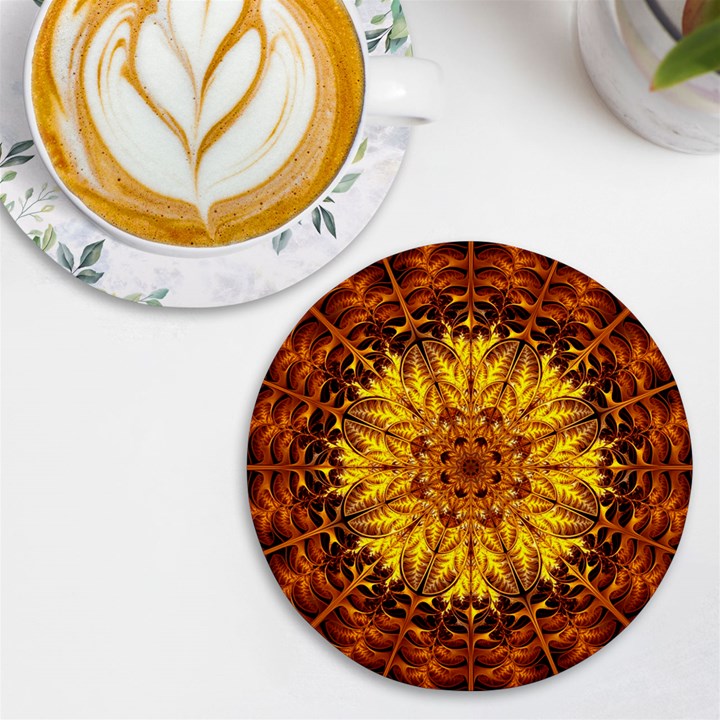 Abstract Gold Mandala Yellow UV Print Round Tile Coaster