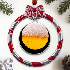 Beer Texture Liquid Bubbles Metal Red Ribbon Round Ornament