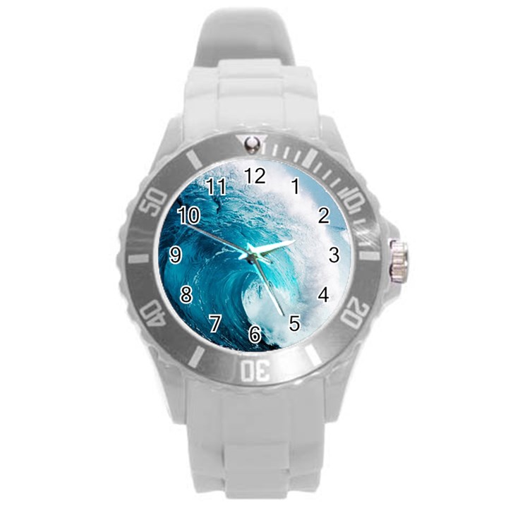 Tsunami Big Blue Wave Ocean Waves Water Round Plastic Sport Watch (L)