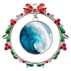 Tsunami Big Blue Wave Ocean Waves Water Metal X mas Wreath Ribbon Ornament by uniart180623