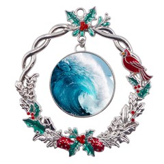 Tsunami Big Blue Wave Ocean Waves Water Metal X mas Wreath Holly Leaf Ornament by uniart180623